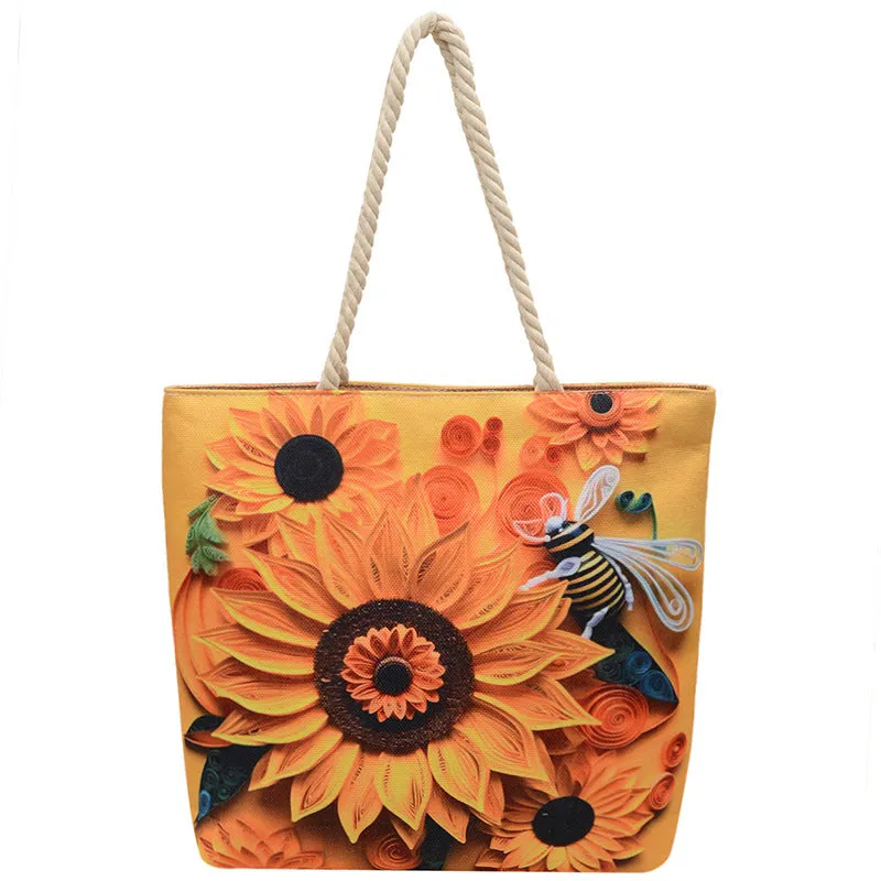 Horizontal square cotton linen shoulder bag with double straps and open front pocket