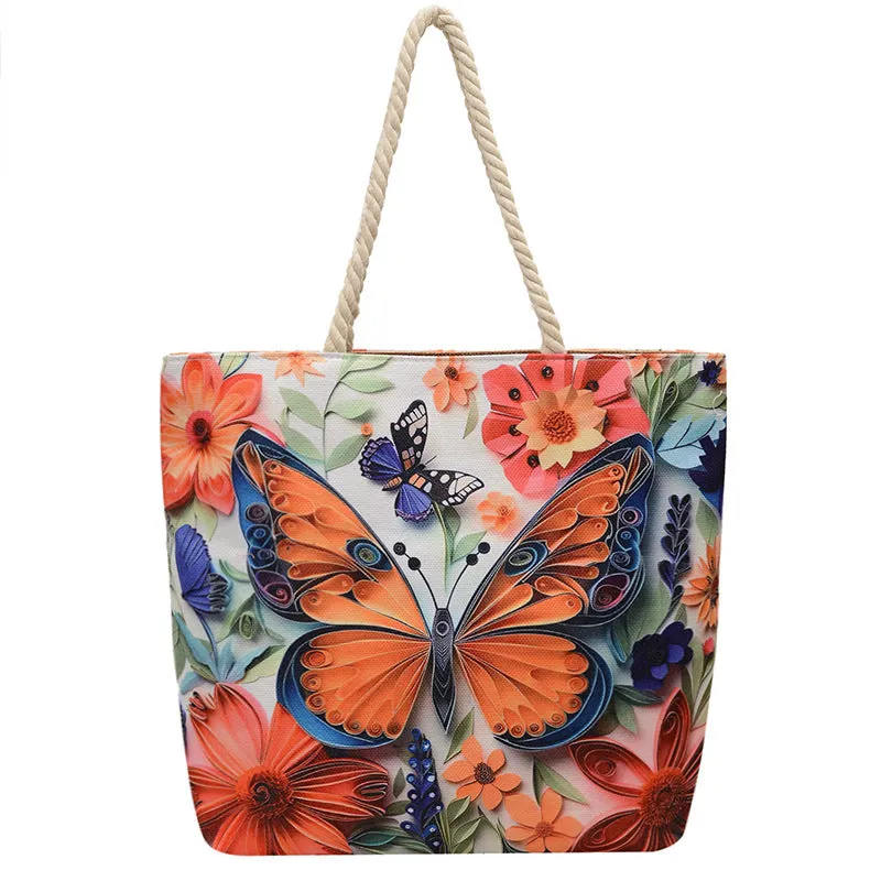 Horizontal square cotton linen shoulder bag with double straps and open front pocket