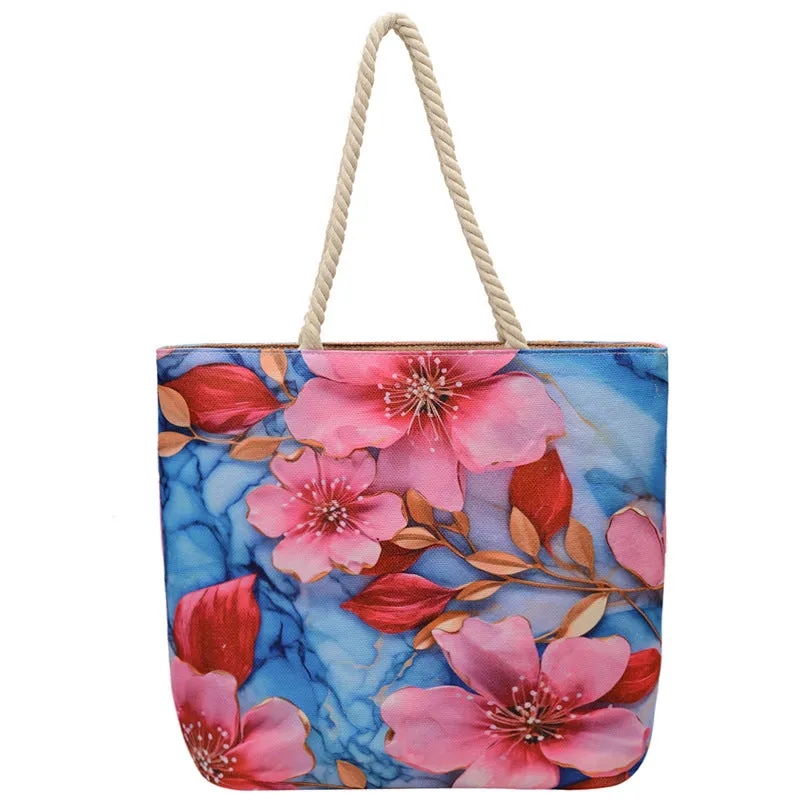 Horizontal square cotton linen shoulder bag with double straps and open front pocket