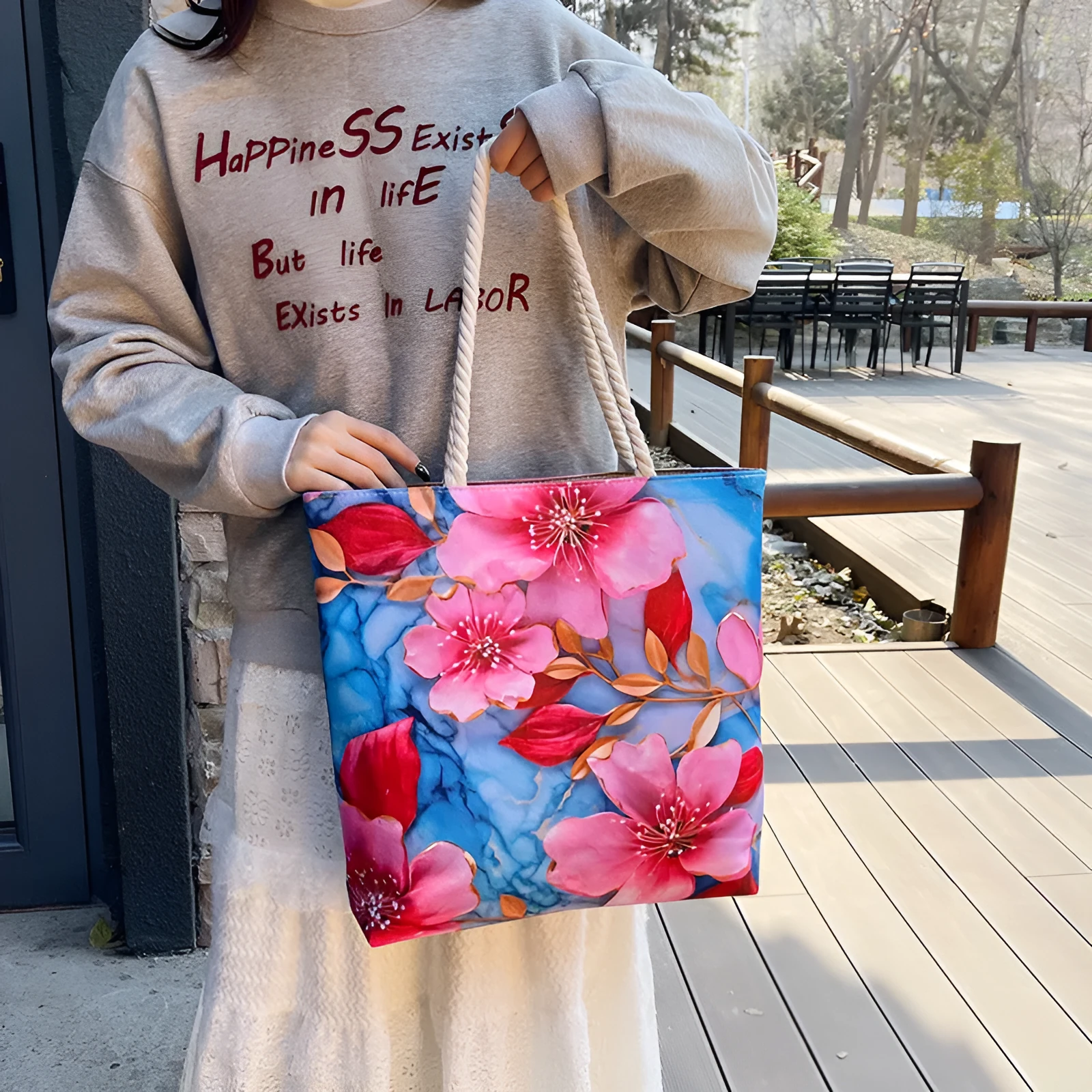 Horizontal square cotton linen shoulder bag with double straps and open front pocket