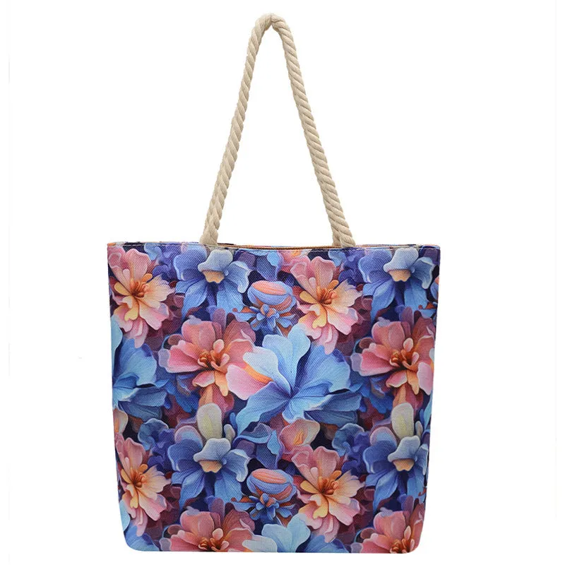 Horizontal square cotton linen shoulder bag with double straps and open front pocket