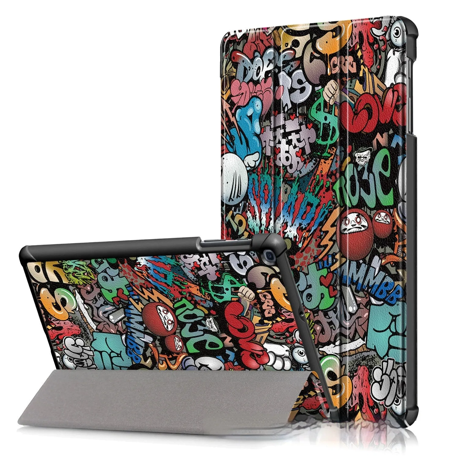 A leather-look tri-fold flip cover for a Samsung tablet showing a cartoon design.