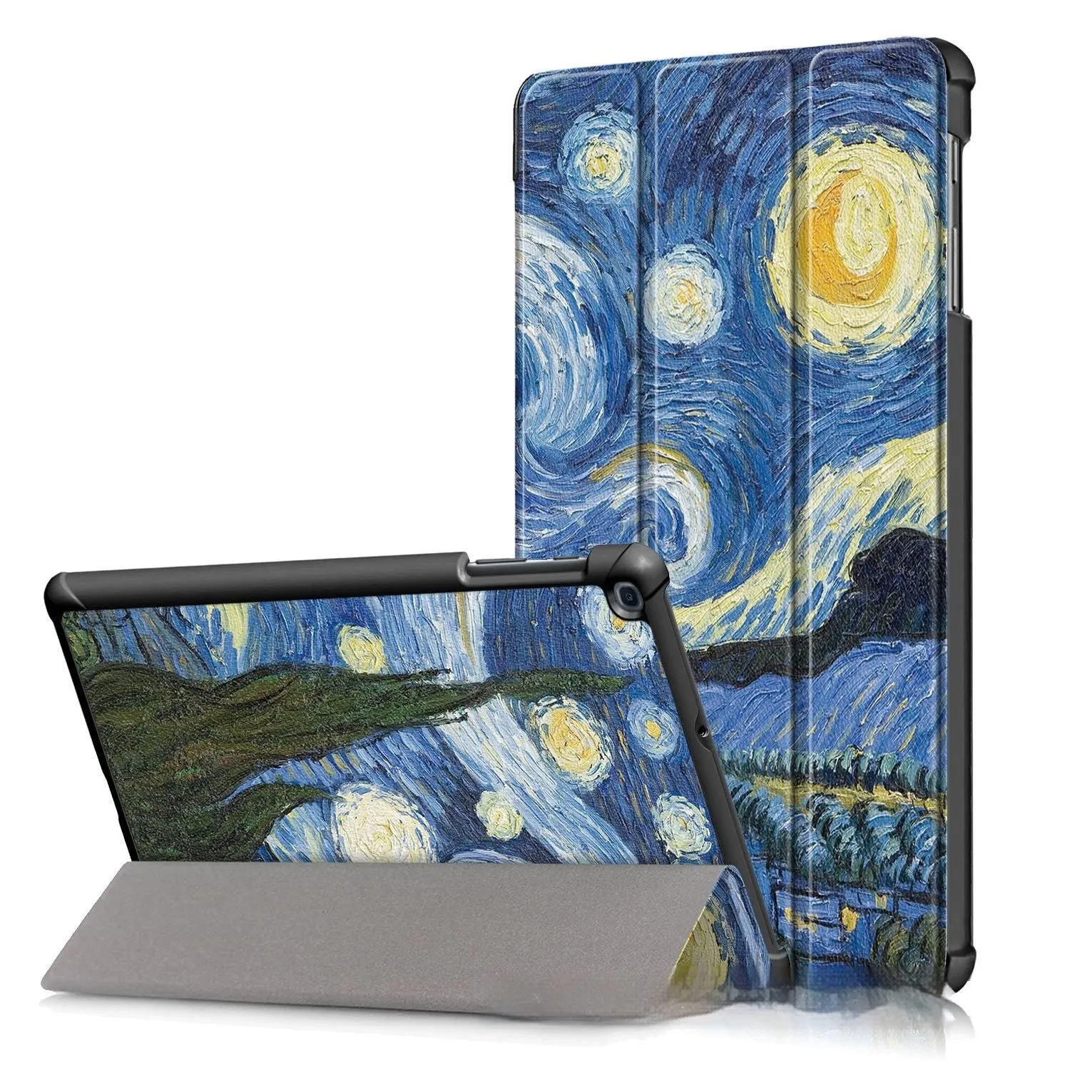 A leather-look tri-fold flip cover for a Samsung tablet showing a cartoon design.