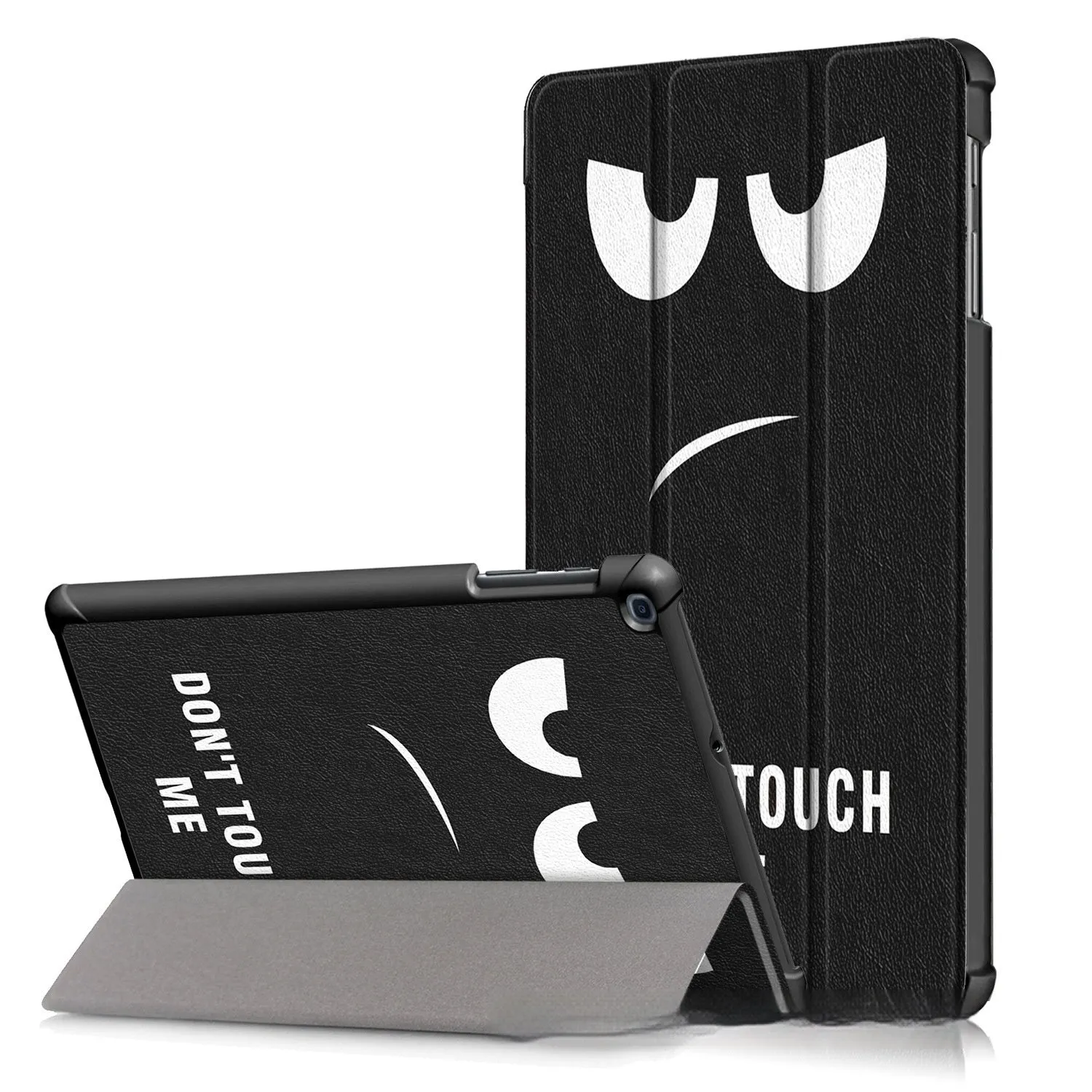 A leather-look tri-fold flip cover for a Samsung tablet showing a cartoon design.