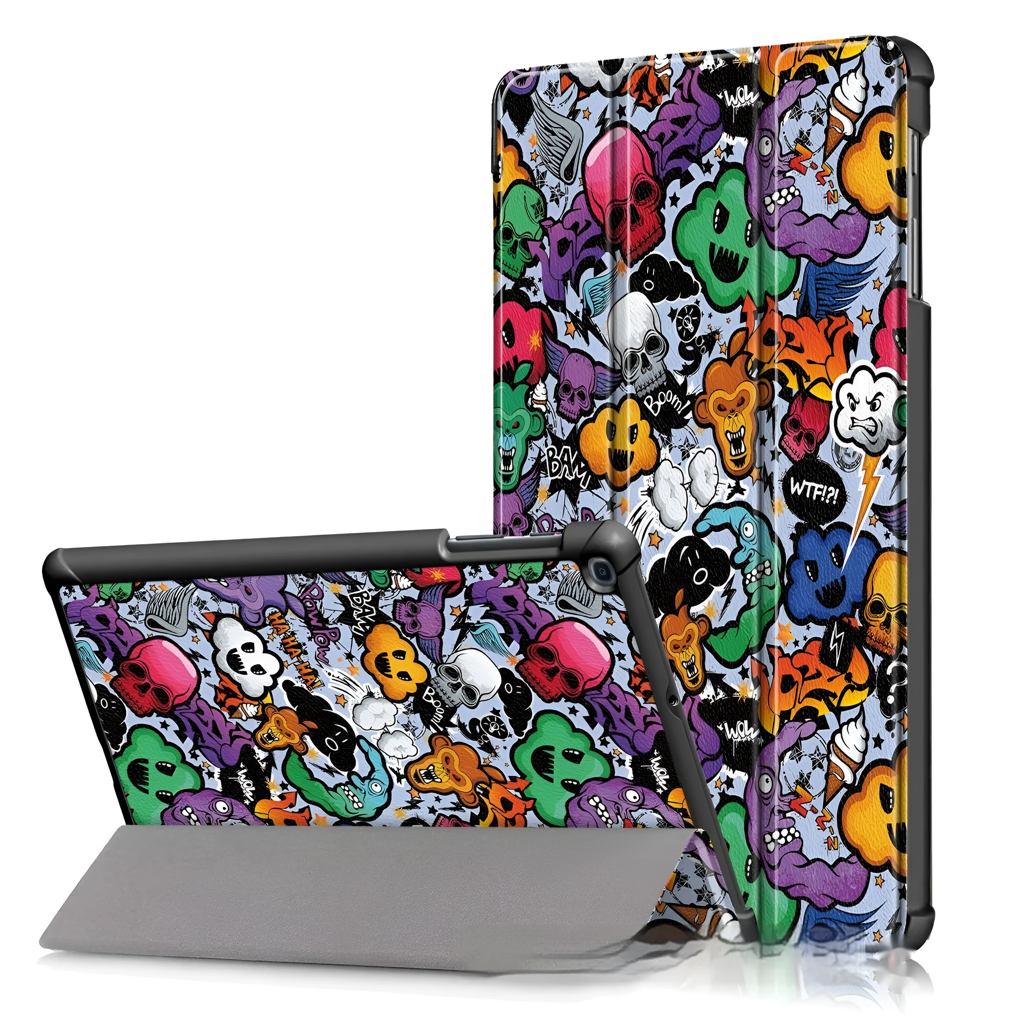 A leather-look tri-fold flip cover for a Samsung tablet showing a cartoon design.