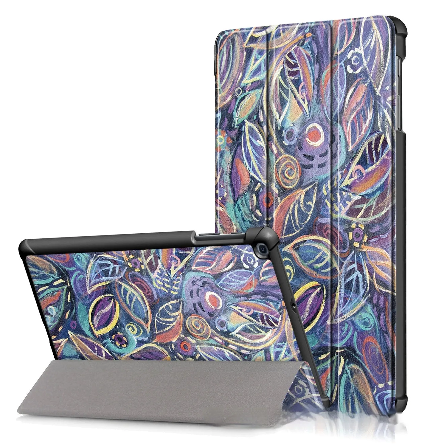 A leather-look tri-fold flip cover for a Samsung tablet showing a cartoon design.