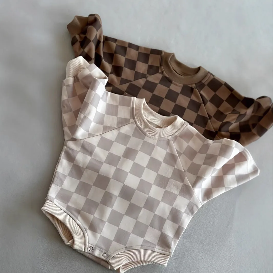 Baby cotton chessboard plaid pullover jumpsuit in brown plaid, long sleeves, neutral style