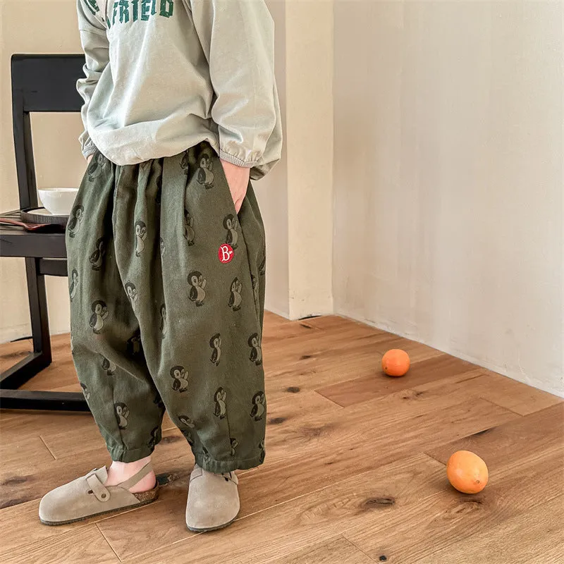Cartoon printed cotton harem children's casual pants in 5051 Yellow, elastic waistband, available in sizes 80cm to 130cm