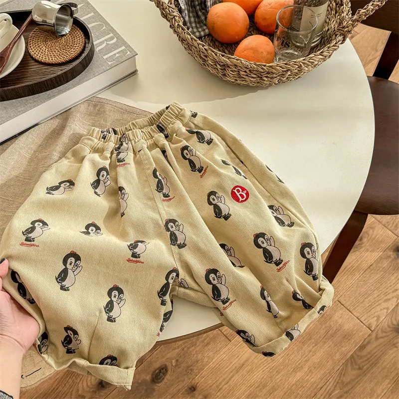 Cartoon printed cotton harem children's casual pants in 5051 Yellow, elastic waistband, available in sizes 80cm to 130cm