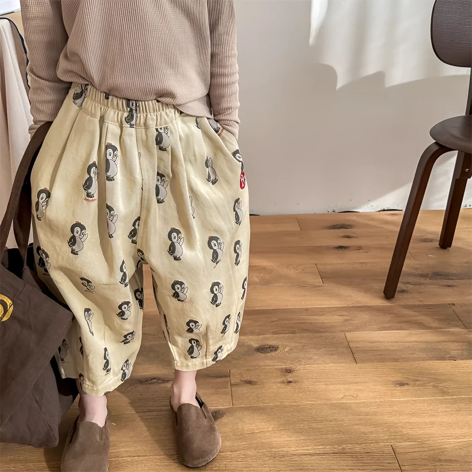 Cartoon printed cotton harem children's casual pants in 5051 Yellow, elastic waistband, available in sizes 80cm to 130cm