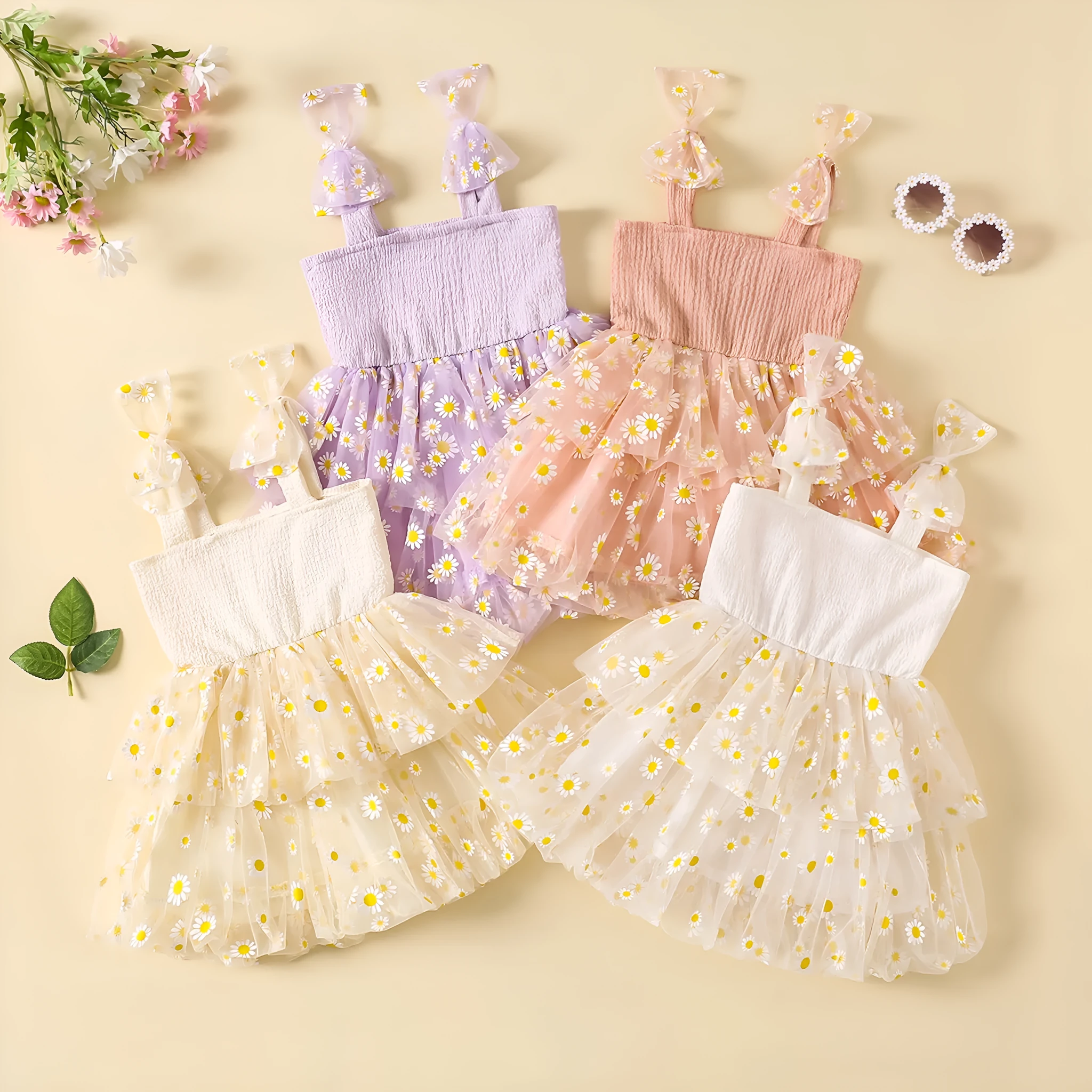 Flower mesh girls' princess dress with cotton lining and suspenders, available in multiple colours and sizes for summer