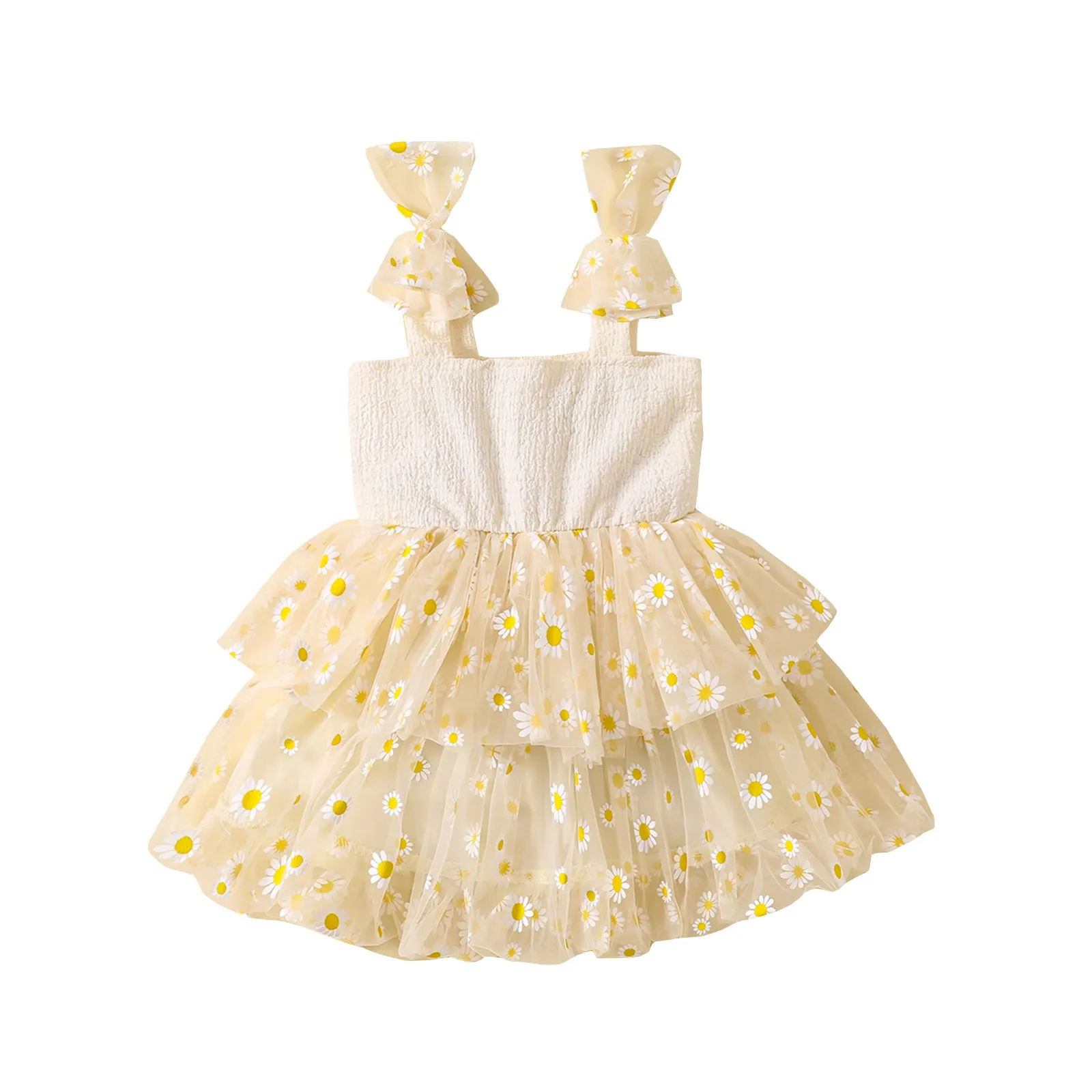 Flower mesh girls' princess dress with cotton lining and suspenders, available in multiple colours and sizes for summer