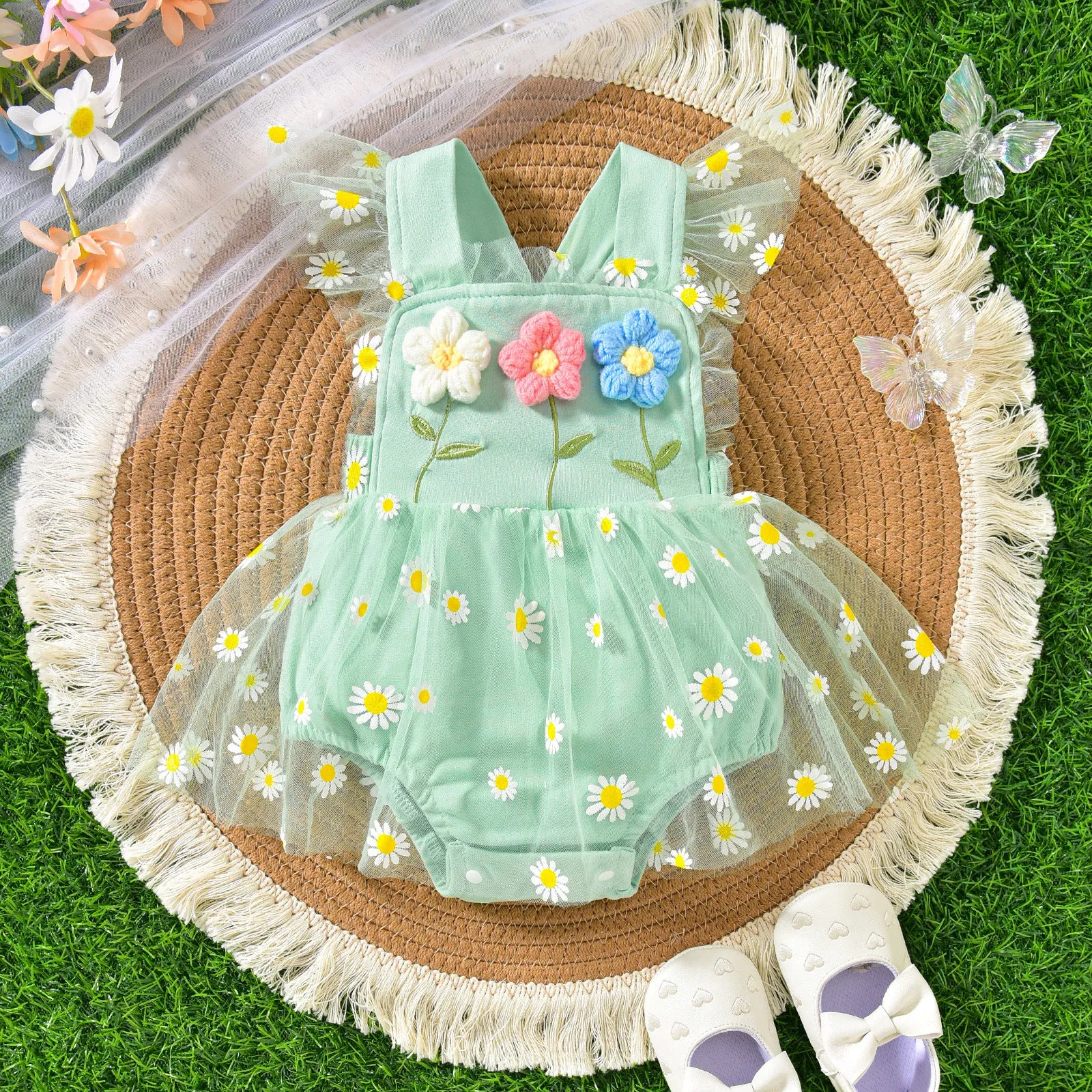Baby girls suspenders gown with three flowers stitching and mesh front in apricot on white background
