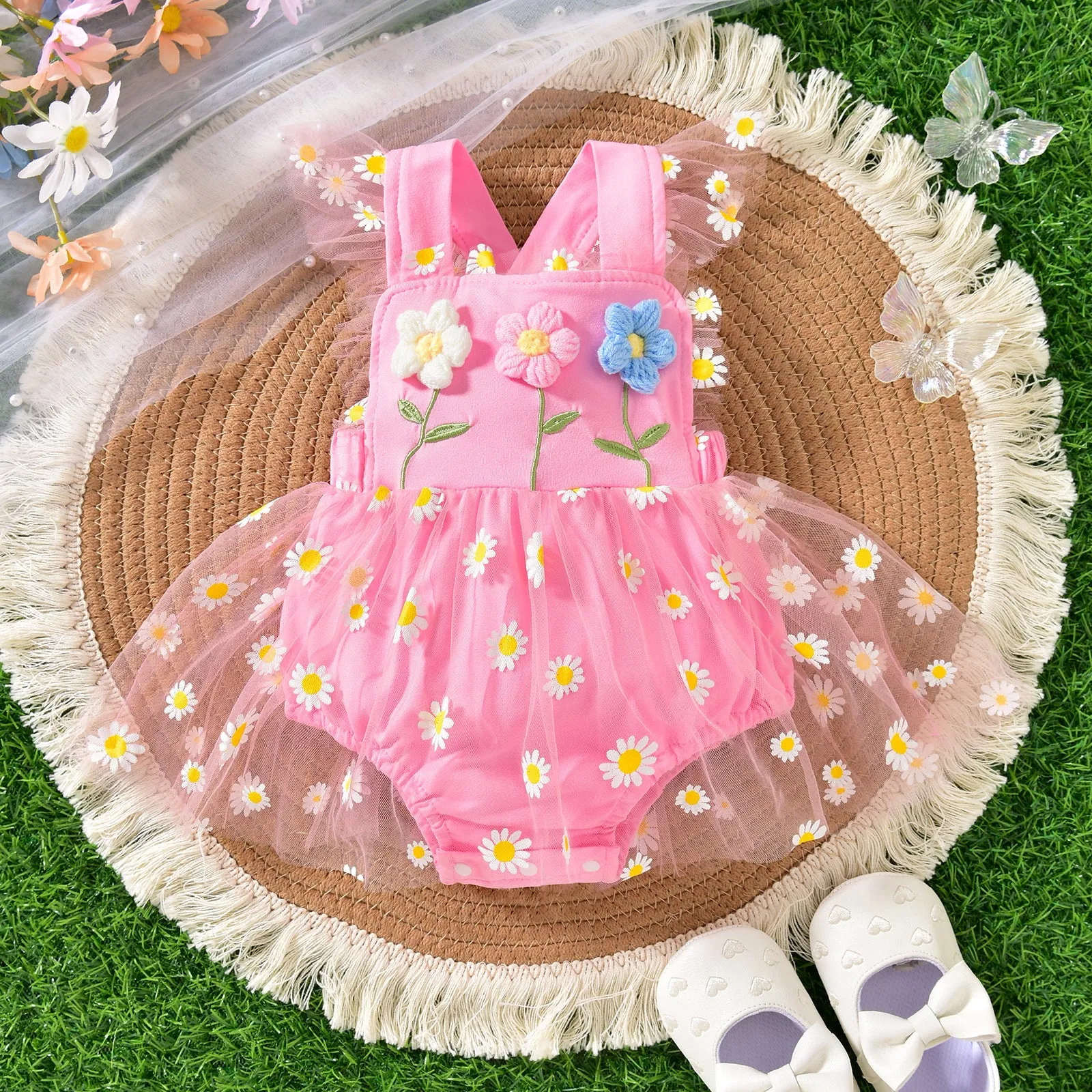 Baby girls suspenders gown with three flowers stitching and mesh front in apricot on white background