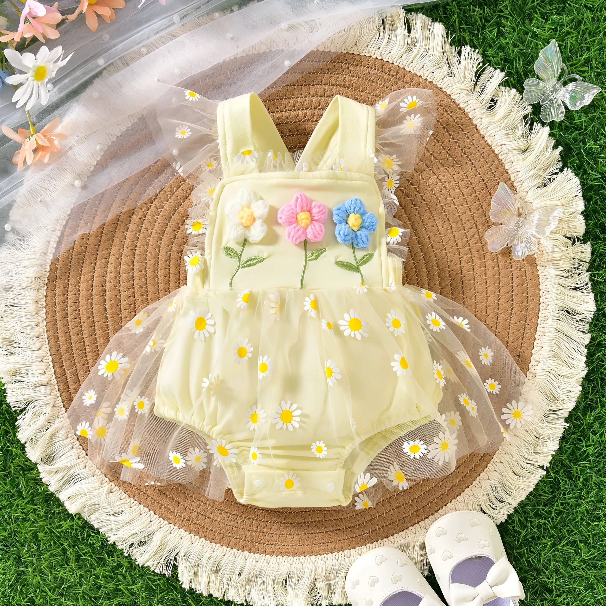 Baby girls suspenders gown with three flowers stitching and mesh front in apricot on white background