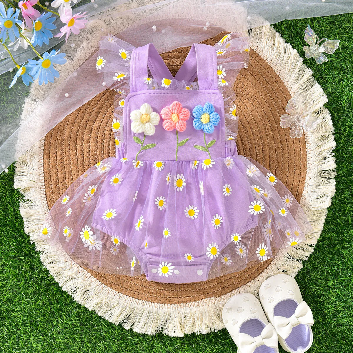 Baby girls suspenders gown with three flowers stitching and mesh front in apricot on white background