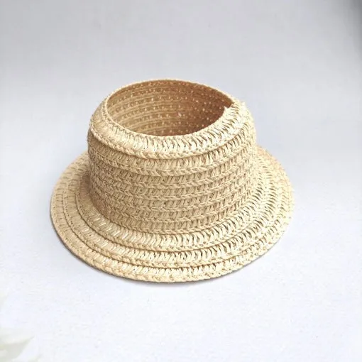 Papyrus straw hat in beige with curtain cloth ear leakage design for sun protection