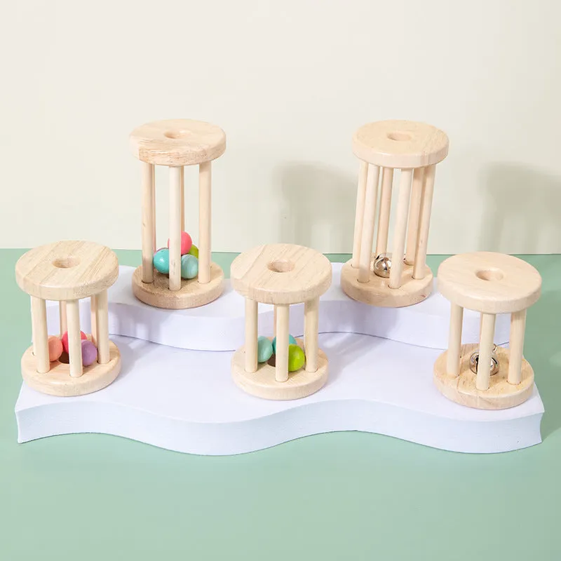 Wooden hand cranked bell educational rattle for toddlers