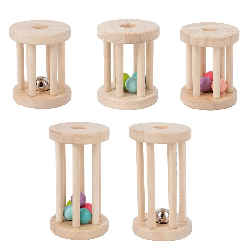 Wooden hand cranked bell educational rattle for toddlers