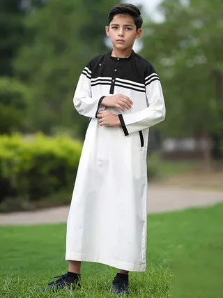 Boys fashion colour contrast striped button robe in black, white and khaki polyester