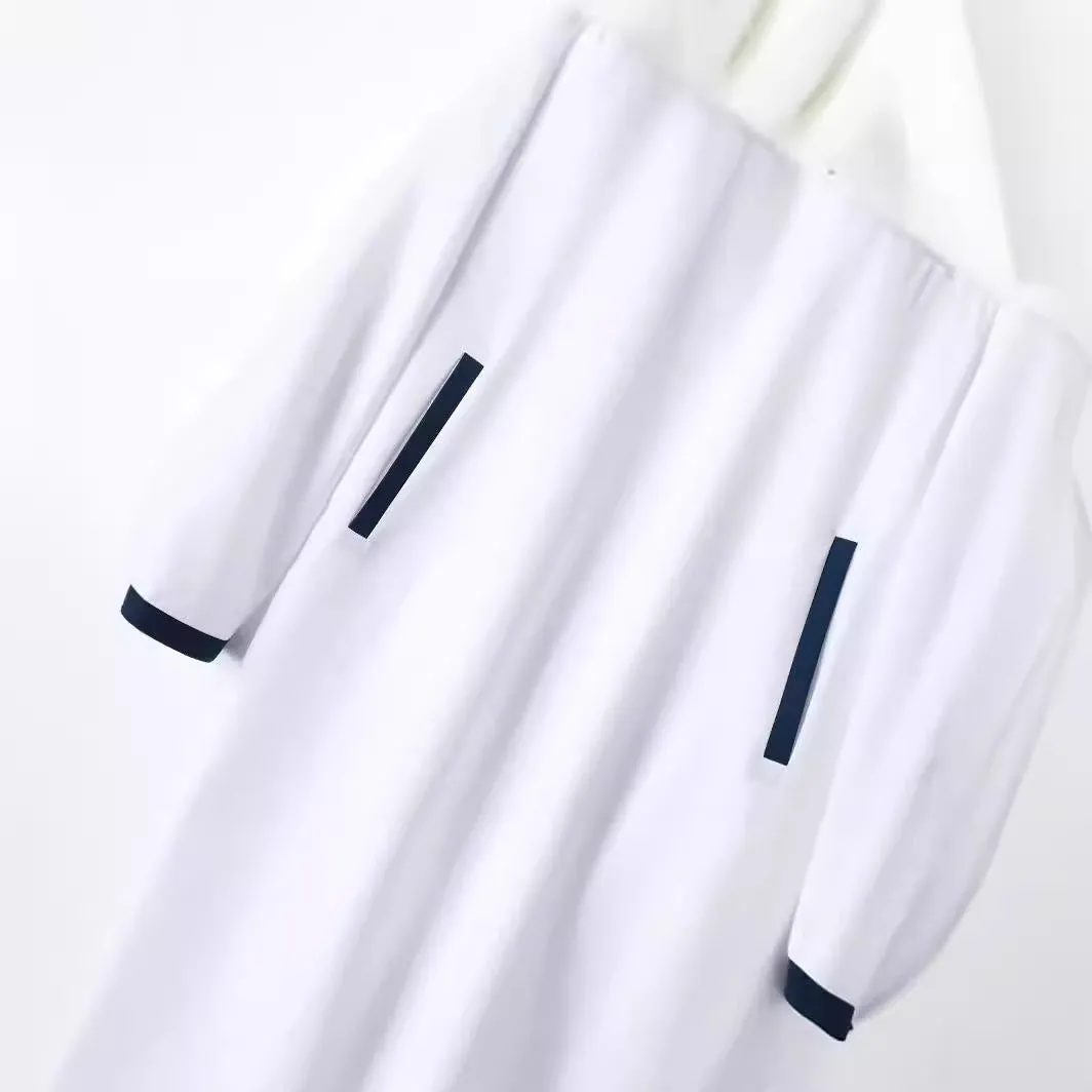 Boys fashion colour contrast striped button robe in black, white and khaki polyester