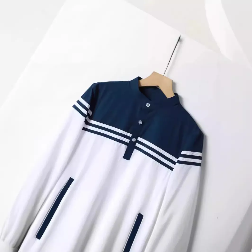 Boys fashion colour contrast striped button robe in black, white and khaki polyester