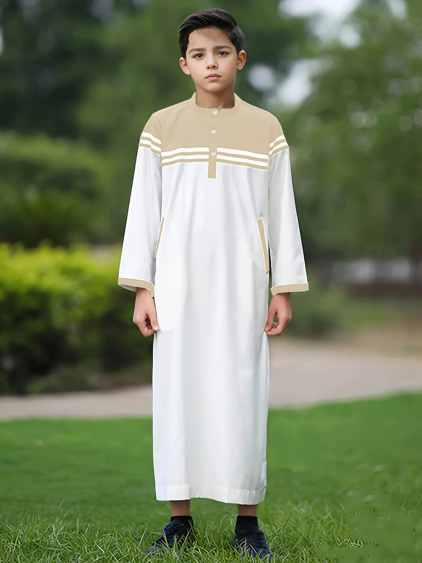 Boys fashion colour contrast striped button robe in black, white and khaki polyester
