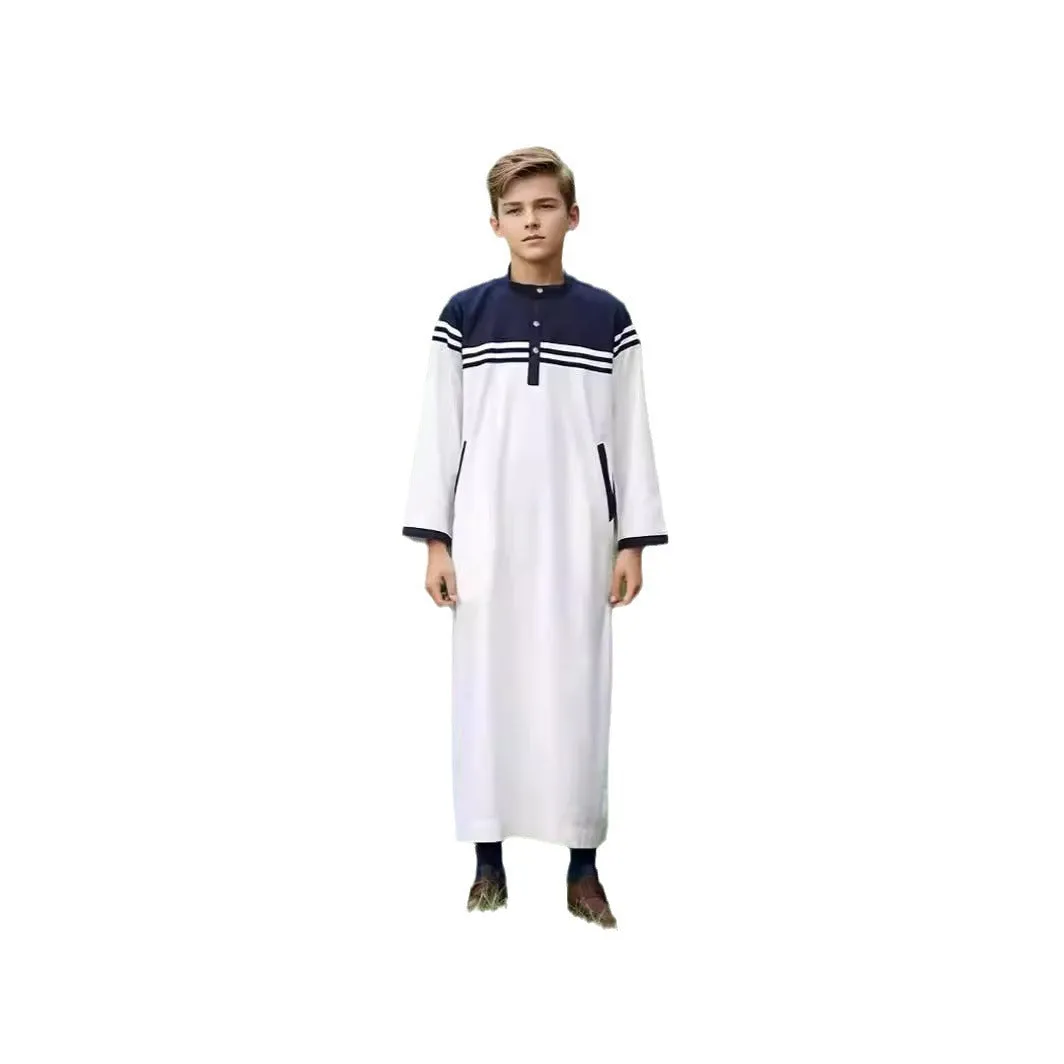 Boys fashion colour contrast striped button robe in black, white and khaki polyester