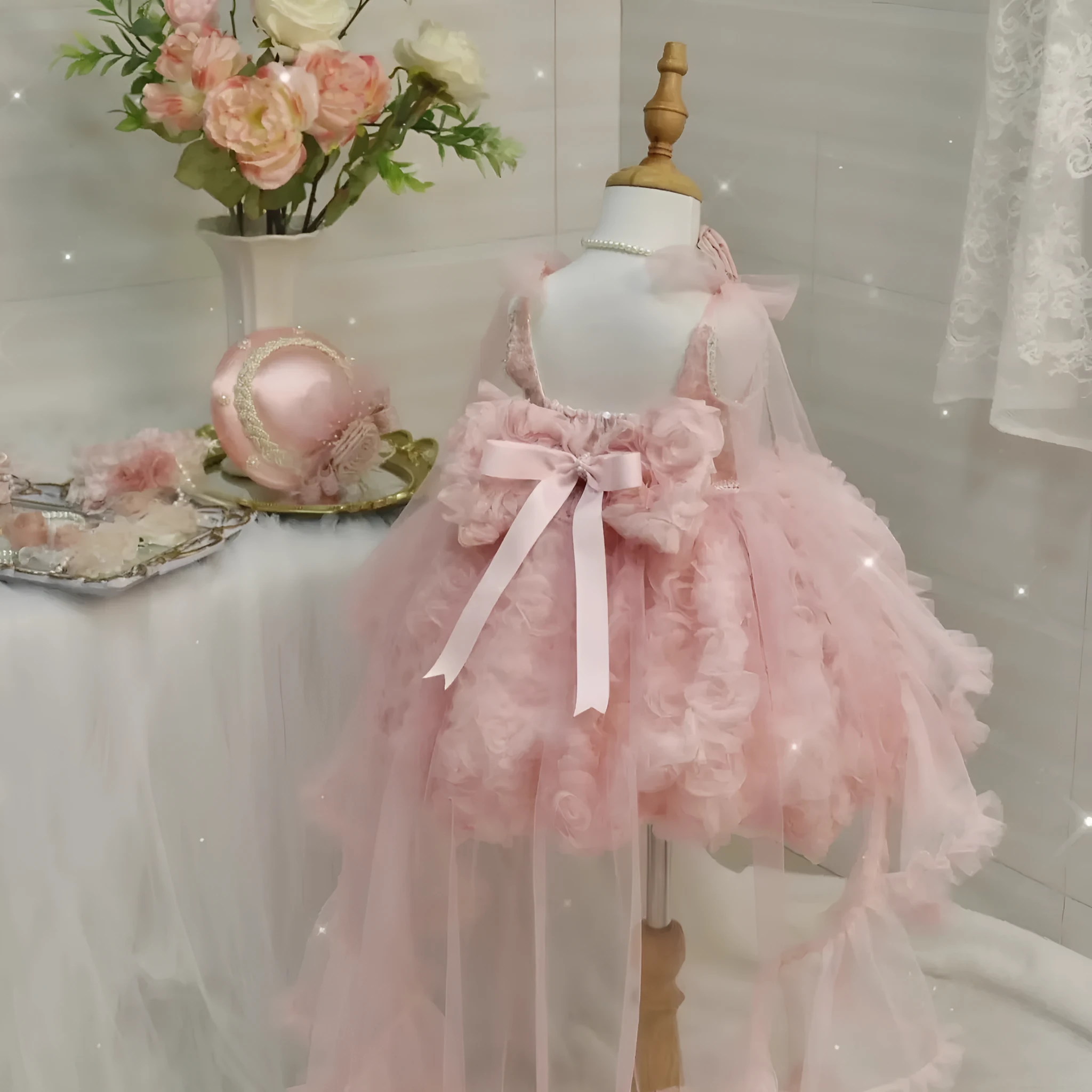 Rose princess dress made of polyester for girls, available in 90cm to 150cm height sizes