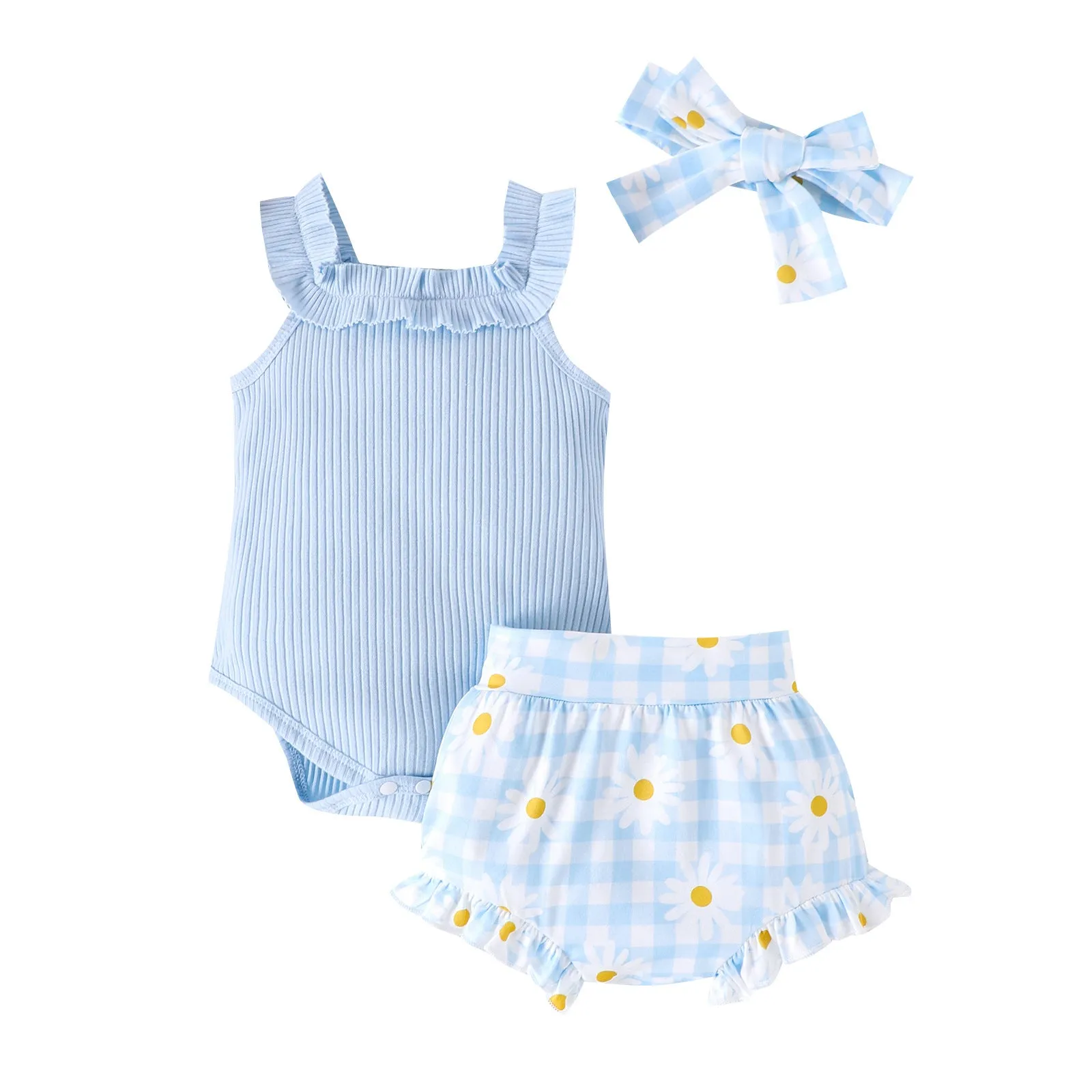 Cotton sunken stripe sling romper two-piece set for baby girls in violet and sky blue