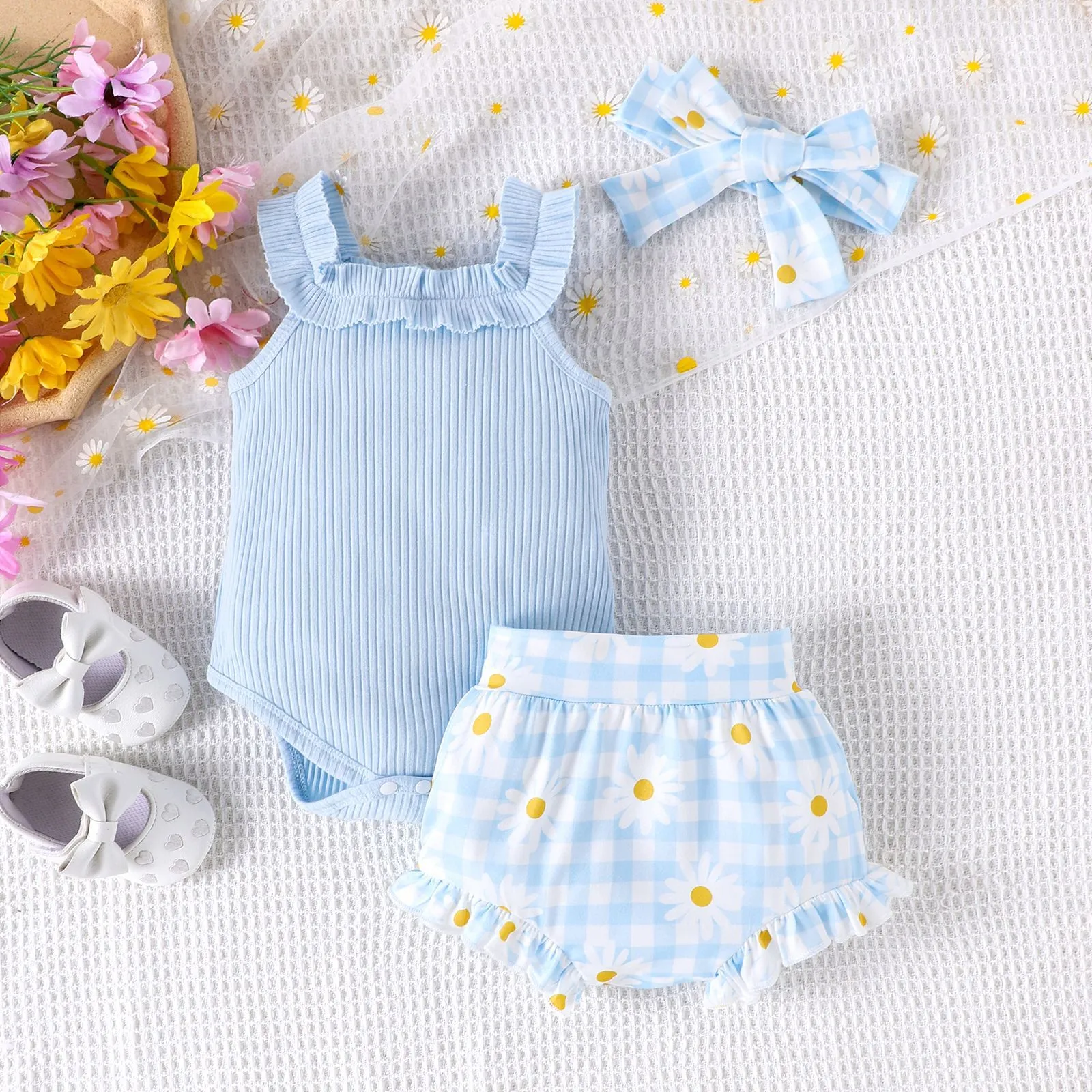 Cotton sunken stripe sling romper two-piece set for baby girls in violet and sky blue