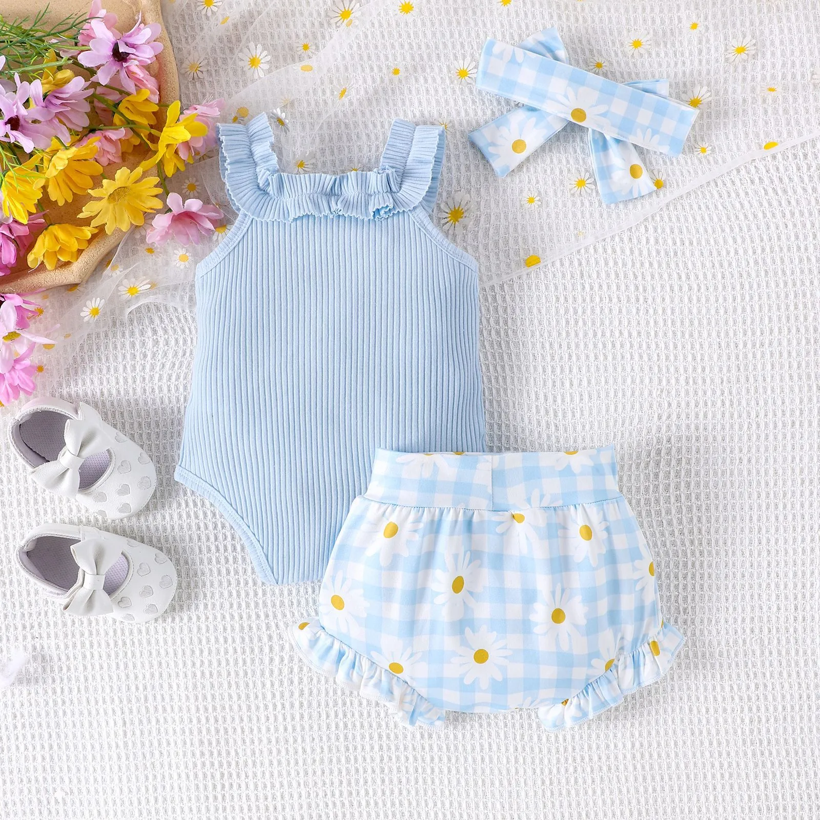 Cotton sunken stripe sling romper two-piece set for baby girls in violet and sky blue