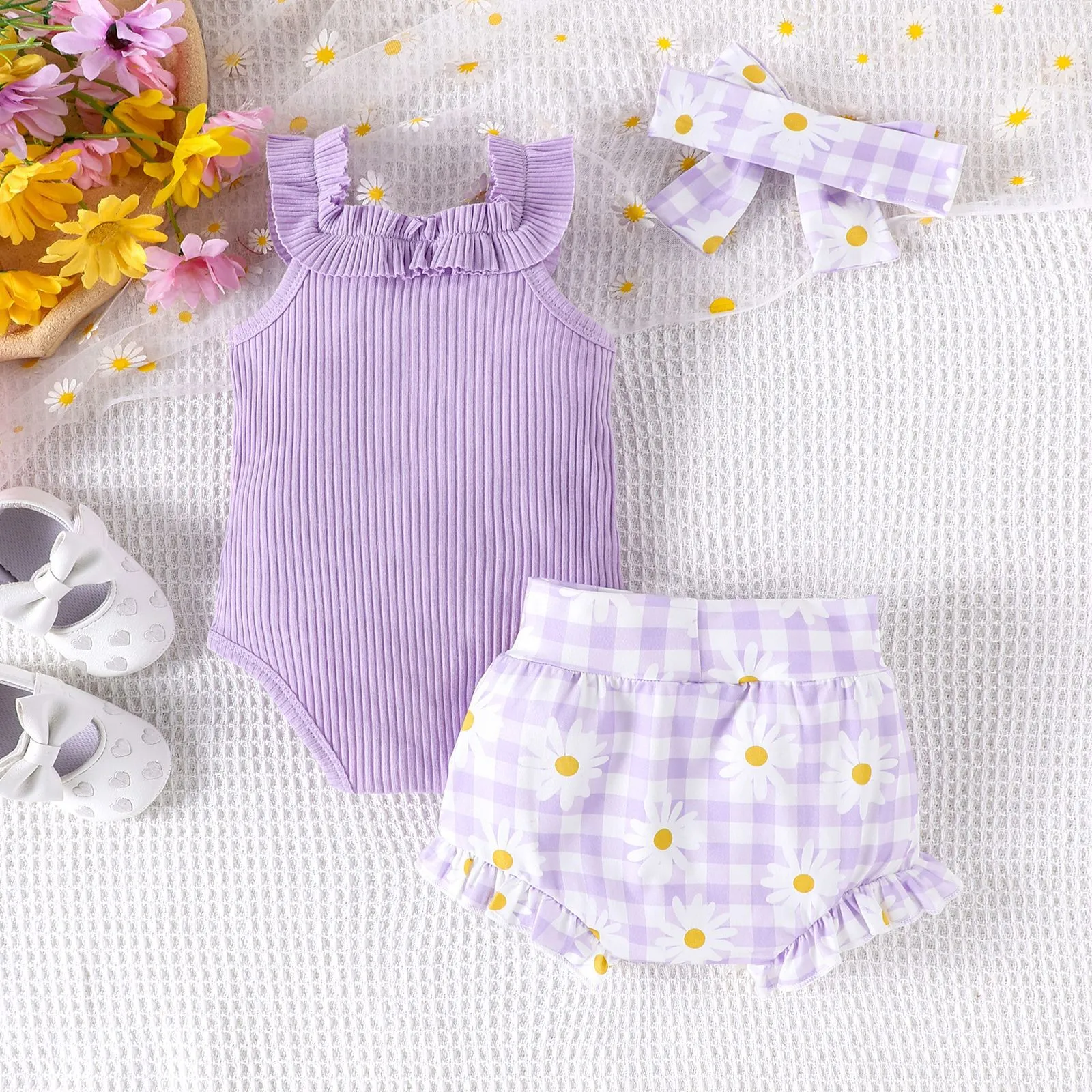 Cotton sunken stripe sling romper two-piece set for baby girls in violet and sky blue