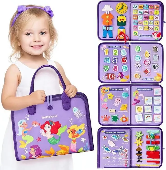 Felt learning board 28x23x3cm with DIY action elements for toddler educational play, fibre felt construction