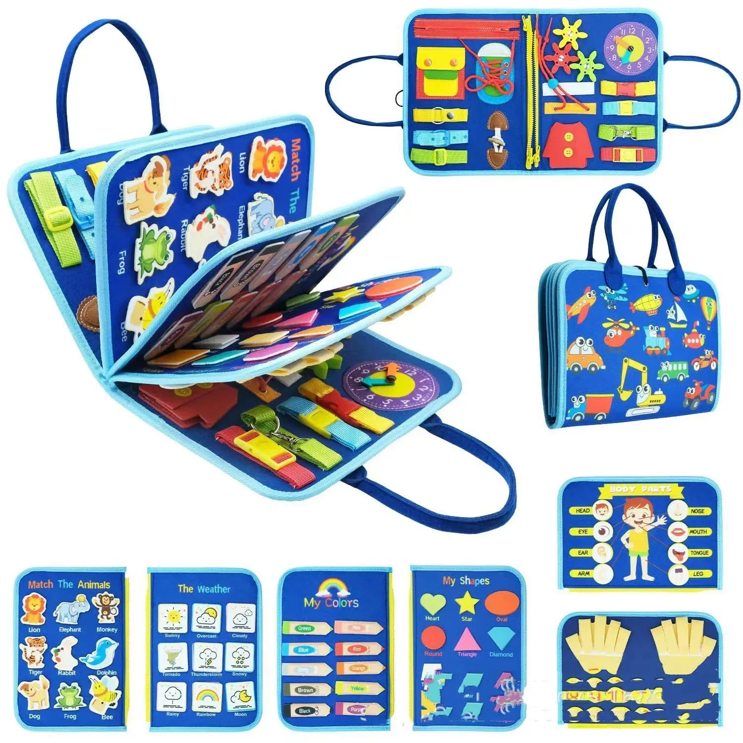 Felt learning board 28x23x3cm with DIY action elements for toddler educational play, fibre felt construction
