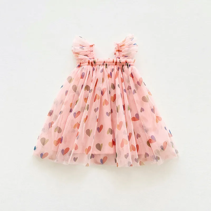 Summer cute heart printing mesh girl dress with cotton lining, apricot love colour, front view on child