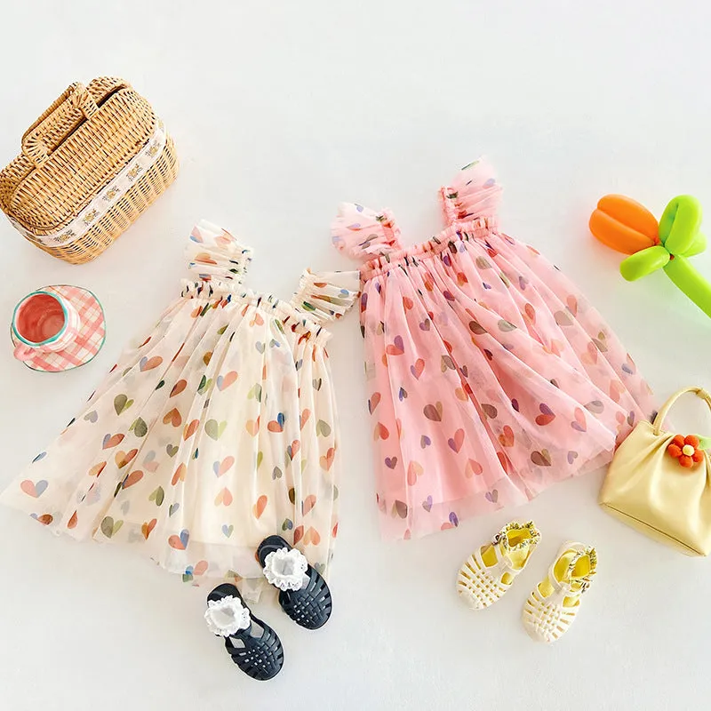 Summer cute heart printing mesh girl dress with cotton lining, apricot love colour, front view on child