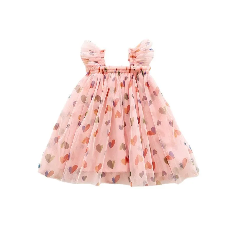 Summer cute heart printing mesh girl dress with cotton lining, apricot love colour, front view on child