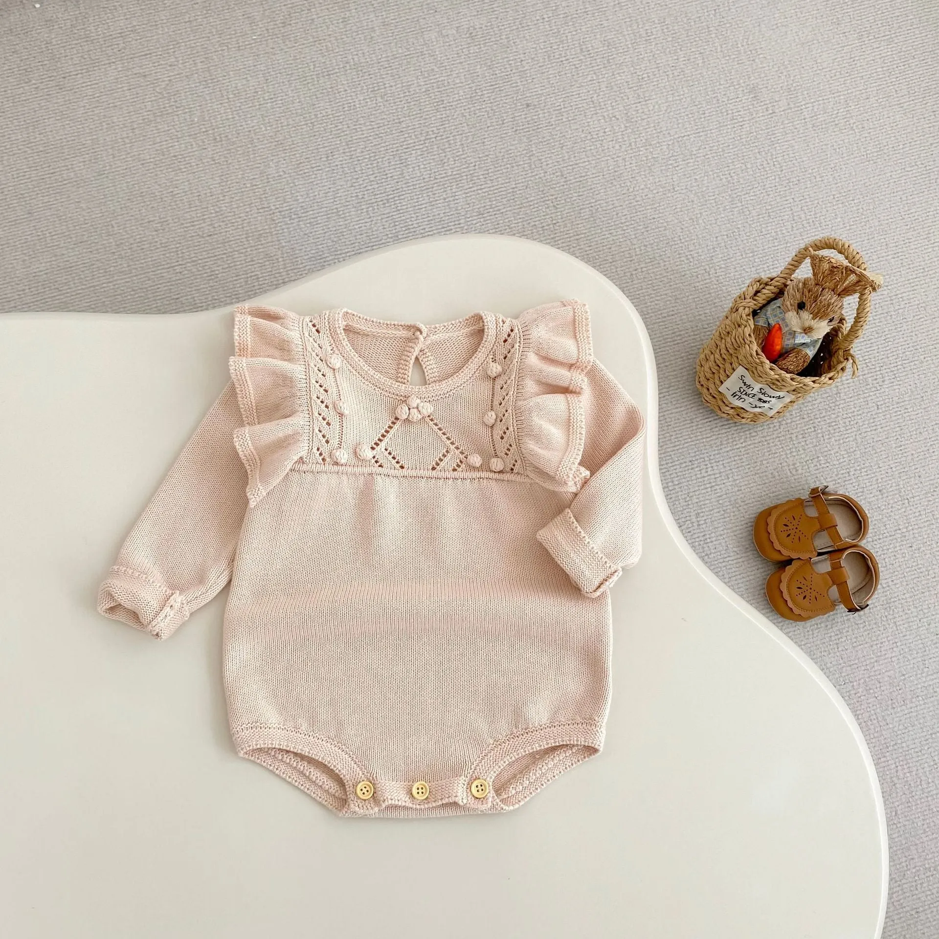 Girls stone powder cotton lace long-sleeved pullover top for heights 66-90cm