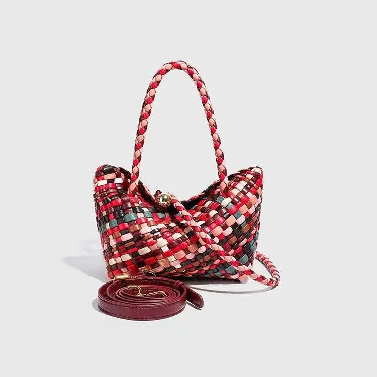 Women's colourful woven PU leather shoulder bag showing handmade texture
