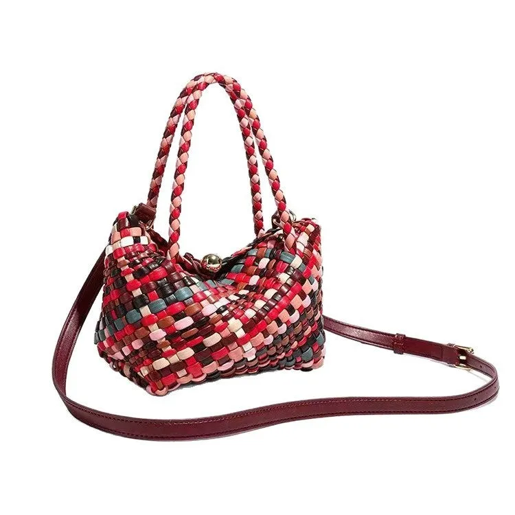 Women's colourful woven PU leather shoulder bag showing handmade texture