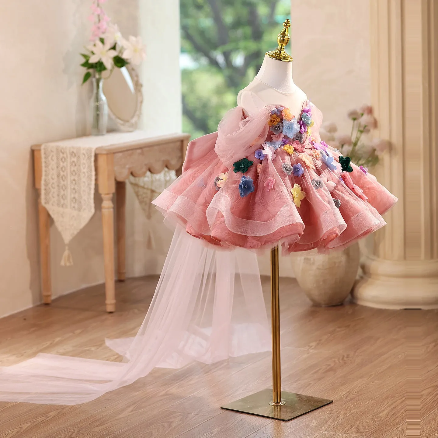 FARCENT Mori style girls' dress in Advanced Bean Pink polyester for piano performance, front view