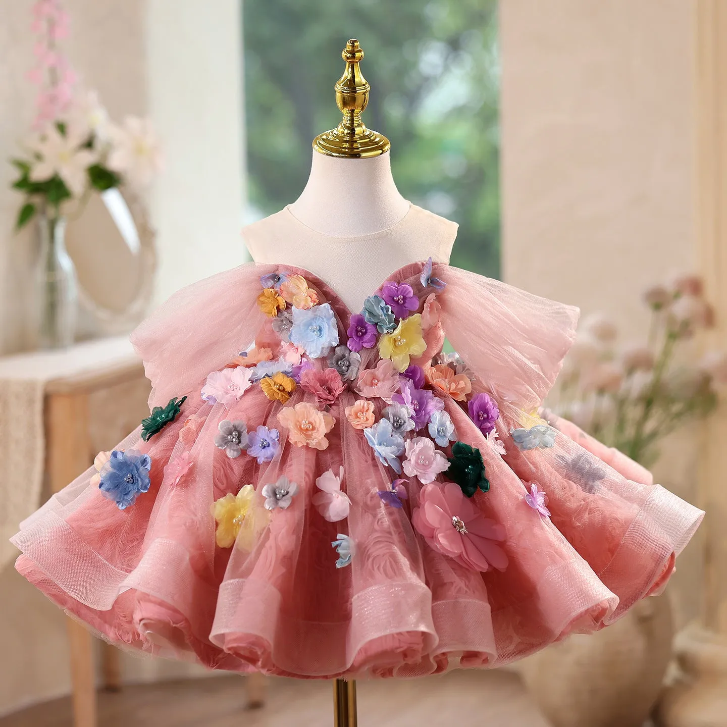 FARCENT Mori style girls' dress in Advanced Bean Pink polyester for piano performance, front view