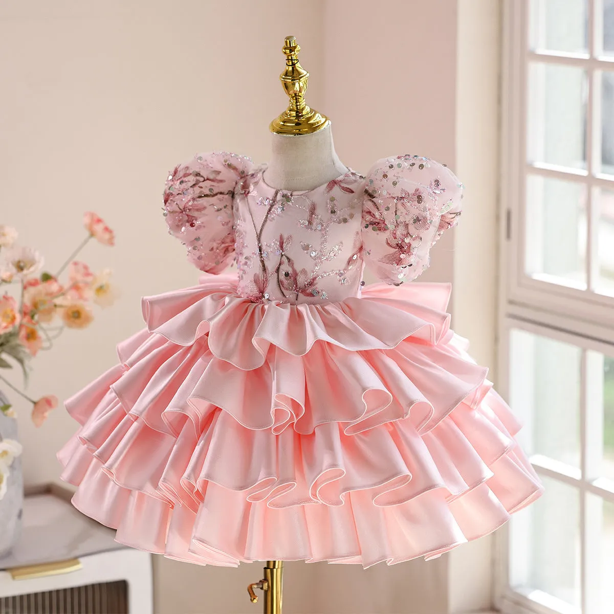 Pink polyester princess dress for baby girl Zhuazhou ceremony light luxury pettiskirt