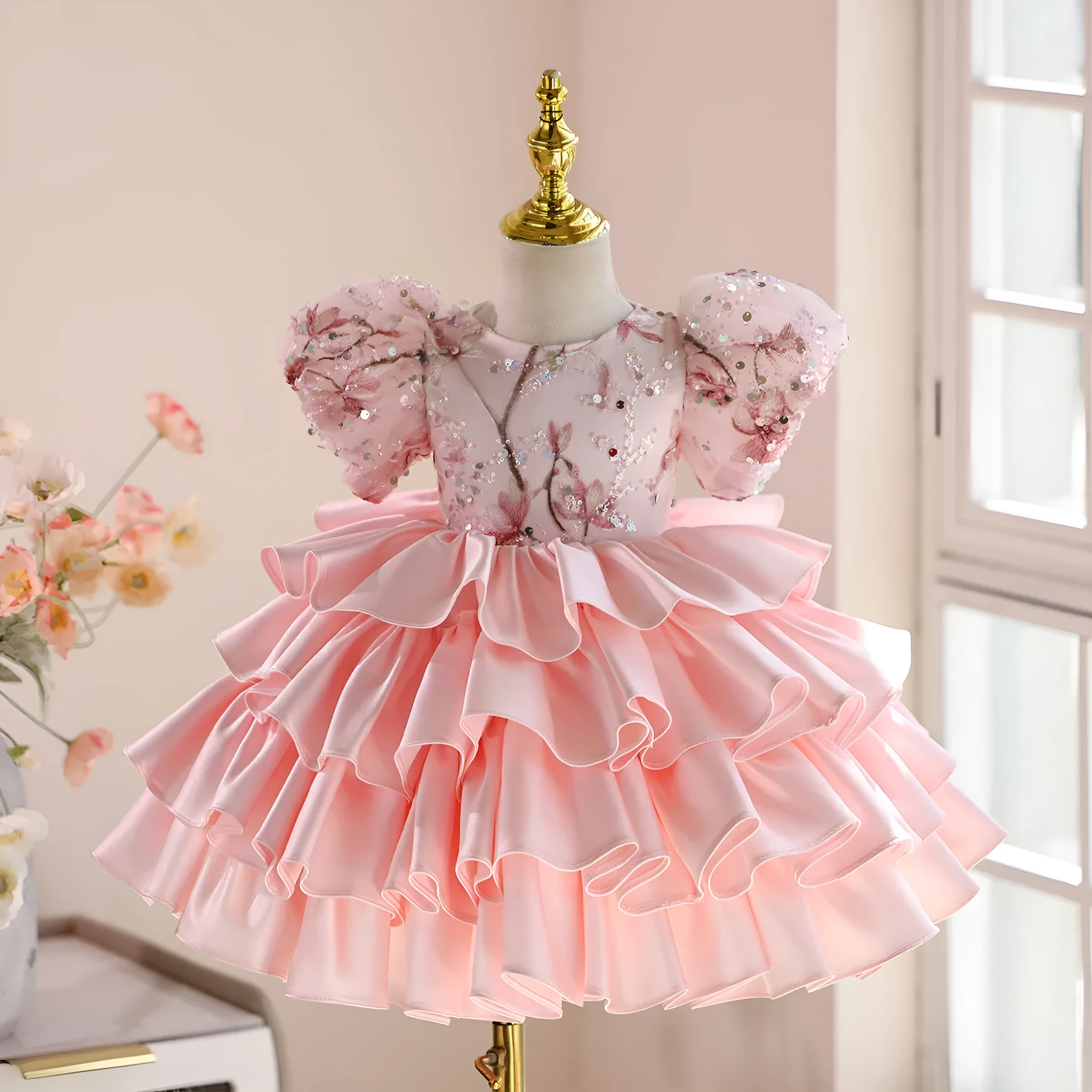 Pink polyester princess dress for baby girl Zhuazhou ceremony light luxury pettiskirt