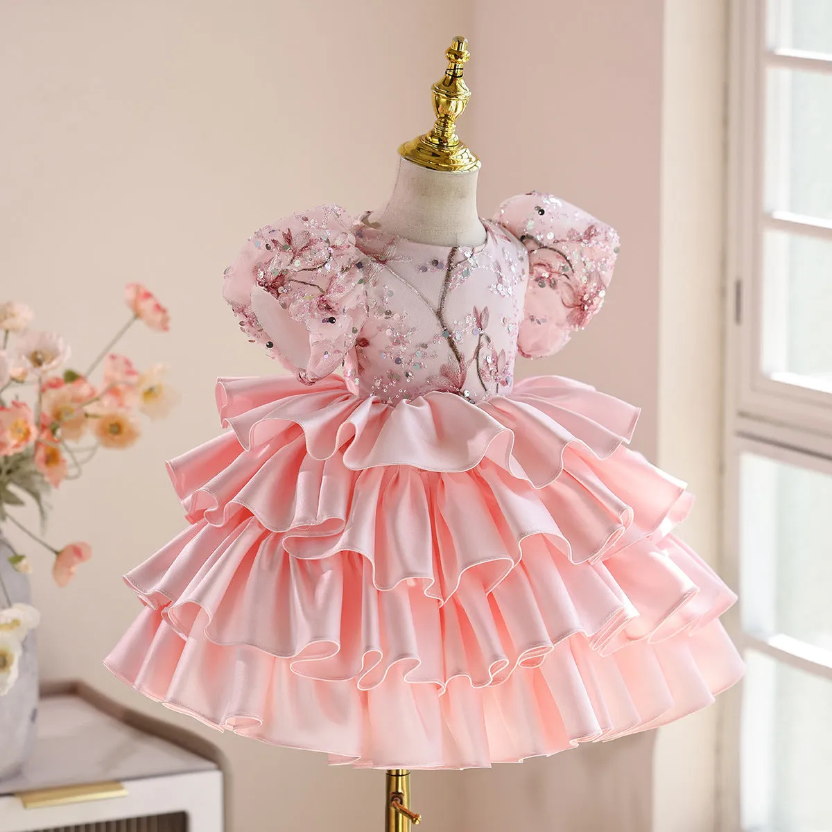 Pink polyester princess dress for baby girl Zhuazhou ceremony light luxury pettiskirt