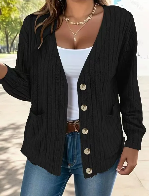 Women's loose fit V-neck long sleeve button front cardigan in light gray, available in sizes S to 5XL