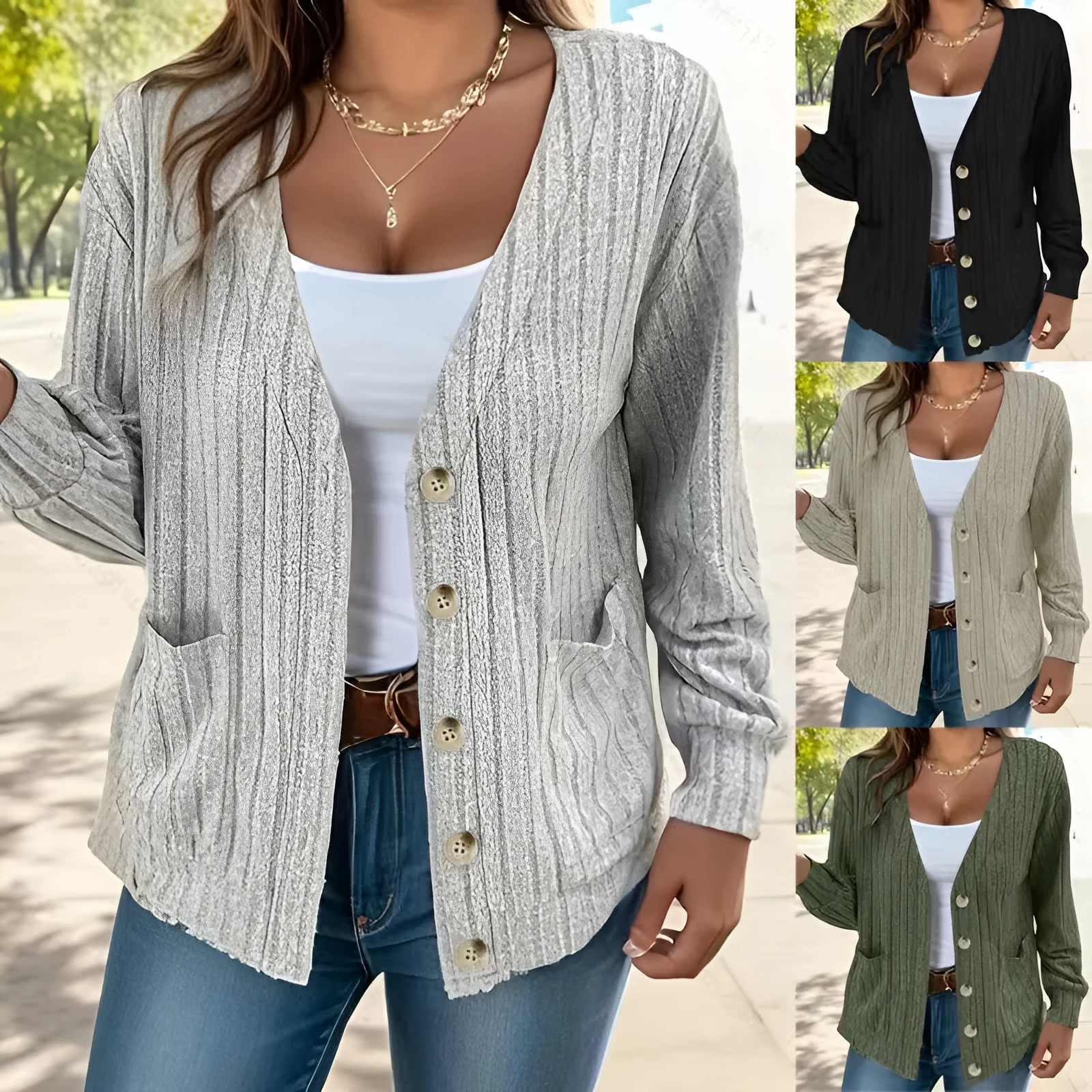 Women's loose fit V-neck long sleeve button front cardigan in light gray, available in sizes S to 5XL