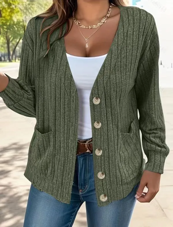Women's loose fit V-neck long sleeve button front cardigan in light gray, available in sizes S to 5XL