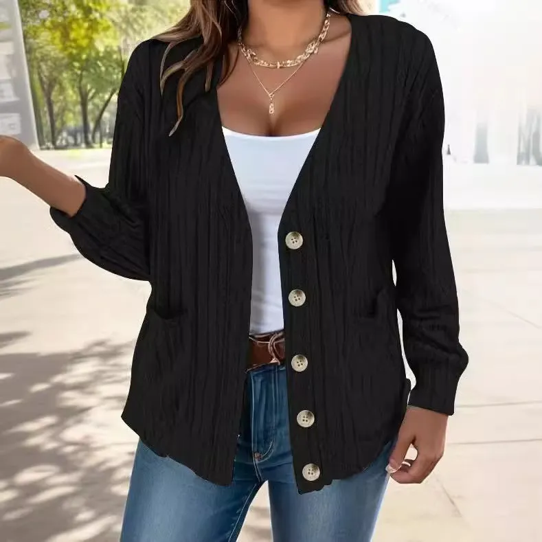 Women's loose fit V-neck long sleeve button front cardigan in light gray, available in sizes S to 5XL
